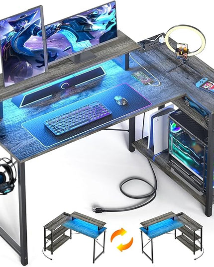 Homieasy L Shaped Gaming Desk with Power Outlet & LED Light, 47 Inch Computer Desk with Storage Shelves, Reversible Corner Desk with Monitor Stand Headset Hooks for Home Office, Black Oak - LeafyLoom