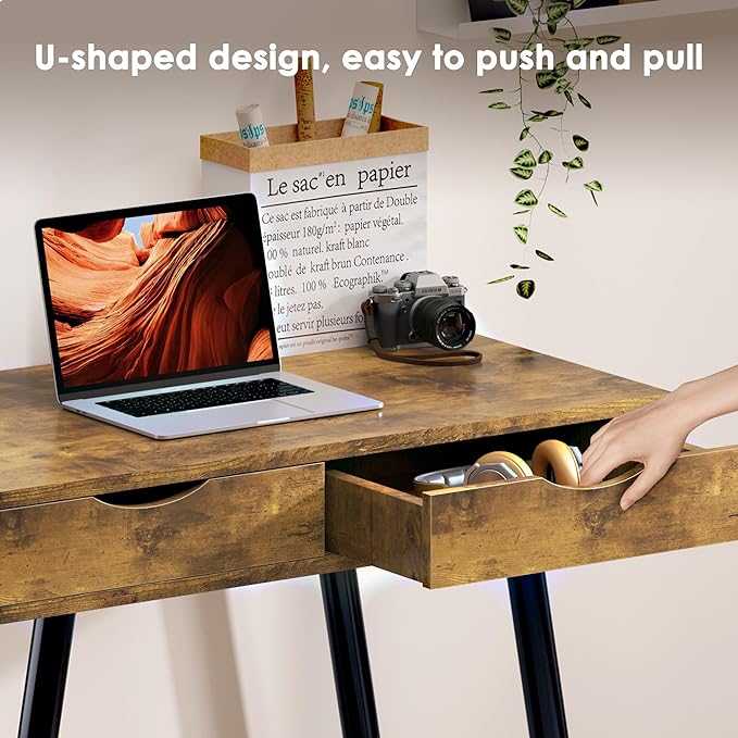 SogesHome 43.3'' Computer Desk, Home Office Work Table with 3-Drawers, Gaming Working Writing Table, Vintage Brown - LeafyLoom