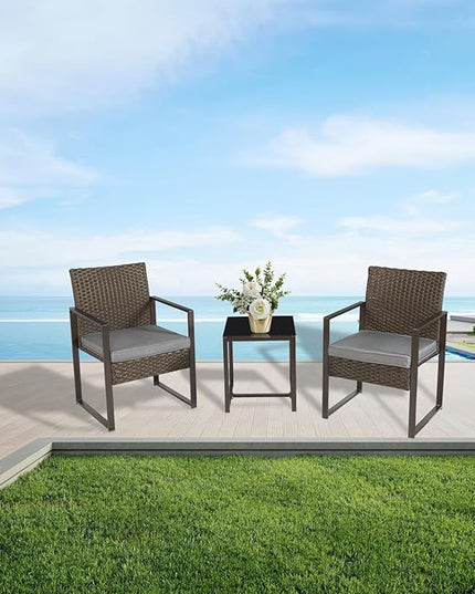 3 Pieces Patio Furniture Set Outdoor Wicker Bistro set Rattan Chair Conversation Sets with Coffee Table for Porch, Balcony,Garden,Backyard and Removable Cushions Grey - LeafyLoom