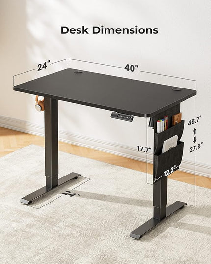 Marsail Standing Desk Adjustable Height, 40x24 Inch Electric Standing Desk with Storage Bag, Stand up Desk for Home Office Computer Desk Memory Preset with Headphone Hook - LeafyLoom