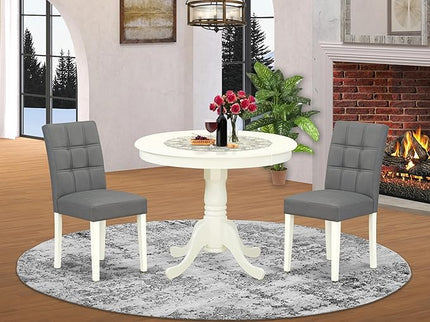 East West Furniture ANAS3-LWH-41 Antique 3 Piece Kitchen Set consists A Wooden Table and 2 Platinum Gray Faux Leather Person Chairs with Stylish Back, Linen White Finish, 36x36 Inch - LeafyLoom