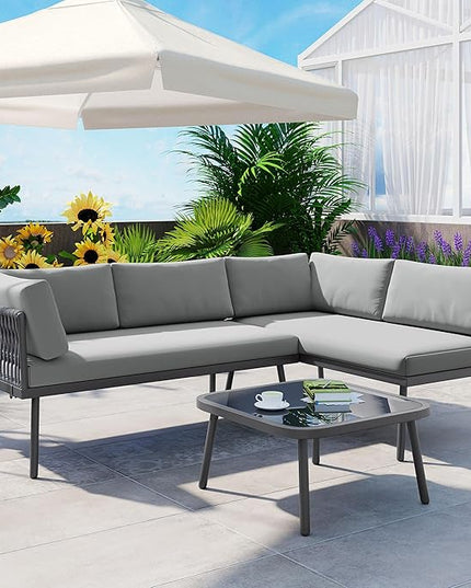 3-Piece Outdoor Furniture Set Rattan Sectional Sofa with Glass Table and Removable Cushions, All Weather PE Patio L-Shaped Couch Metal Frame, for Backyard, Poolside, Garden, Onesize, Gray - LeafyLoom