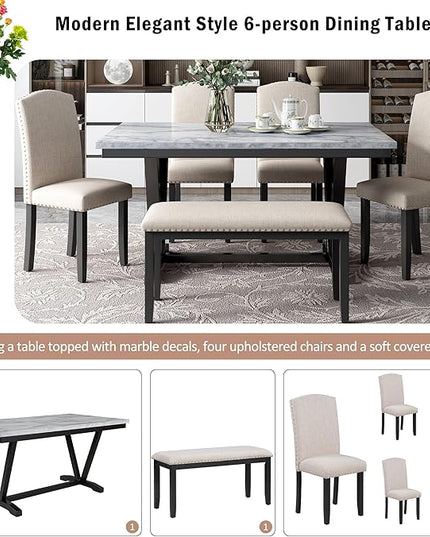 Modern Style 6-Piece Dining 4 Chairs & 1 Bench, Solid Wood Frame w/Marbled Veneers Tabletop and V-shaped Table-Legs, for Diningroom, Living Room, and Kitchen, Brown+Black - LeafyLoom
