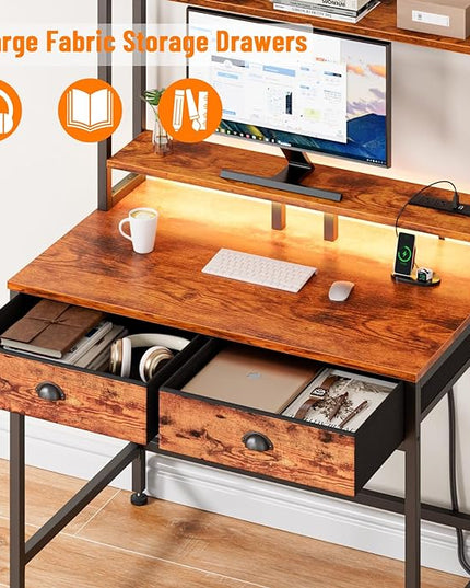 Furologee Small Computer Desk with Power Outlet and 2 Fabric Drawers, Gaming Desk with Light, Home Office Desk with Monitor Stand and Hutch for Small Space Working, Study Table with Shelf Rustic Brown - LeafyLoom