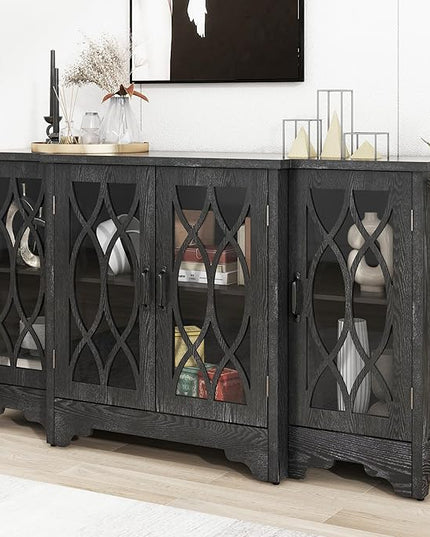 58" Retro Sideboard Glass Door with Curved Line Design,Wood Ample Storage Cabinet,W/Black Handle and Three Adjustable Shelves,for Dining Living Room Entryway - LeafyLoom