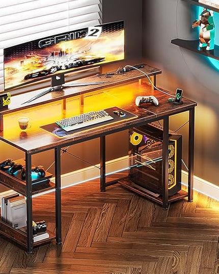 ODK 48 inch Gaming Desk with LED Lights & Power Outlets, Computer Desk with Monitor Stand & Storage Sheves, CPU Stand, Home Office Desk, Vintage - LeafyLoom