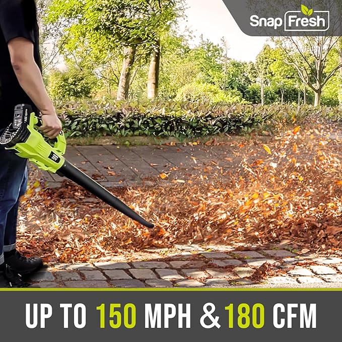 SnapFresh Cordless Leaf Blower - 180 CFM Leaf Blower with Battery & Charger, 2 Section Tubes, Free Control Speed,Lightweight, Electric Leaf Blower for Blowing Leaves, Lawn Care, Dust & Other Debris - LeafyLoom