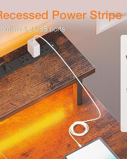 ODK 48 inch Gaming Desk with LED Lights & Power Outlets, Computer Desk with Monitor Stand & Storage Sheves, CPU Stand, Home Office Desk, Vintage - LeafyLoom