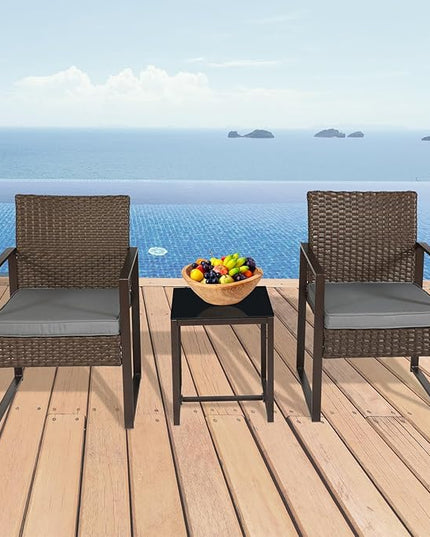 3 Pieces Patio Furniture Set Outdoor Wicker Bistro set Rattan Chair Conversation Sets with Coffee Table for Porch, Balcony,Garden,Backyard and Removable Cushions Grey - LeafyLoom