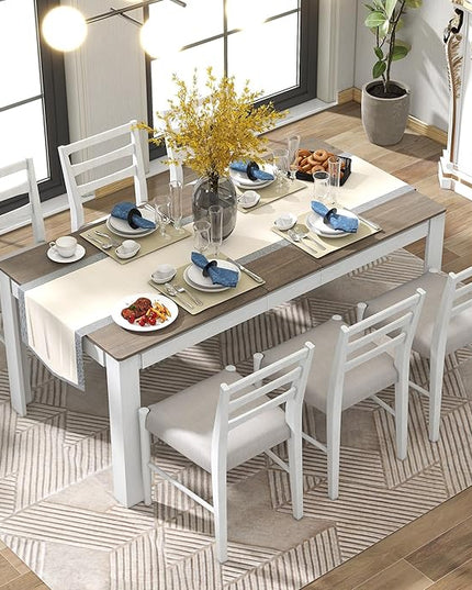 7-Piece Wooden Dinette Sets Mutifunctional Extendable Kitchen Dining Table with 12" Leaf and 2 Drawers, 6 Chairs w/Soft Cushion, for Diningroom Living Room, Easy to Assemble, Brown+White - LeafyLoom