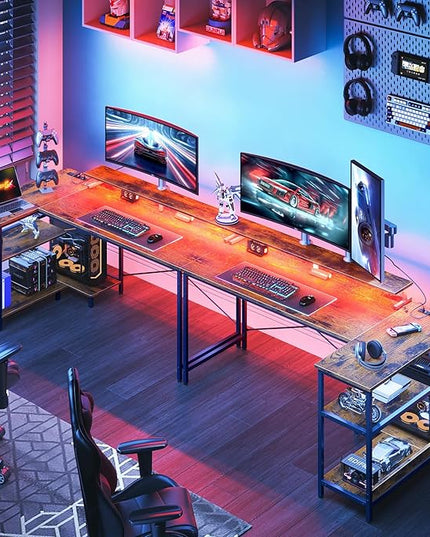ODK 58 Inch Gaming Desk with USB Charging Ports and LED Lights, Reversible L Shaped Computer Desk with Storage Shelves & Monitor Stand, Corner Home Office Desk Table with Power Outlets, Vintage - LeafyLoom