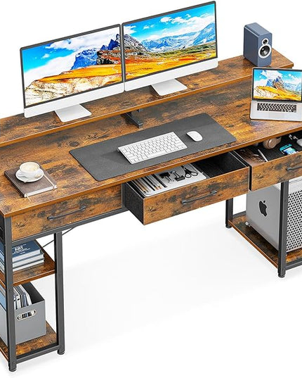 ODK Computer Desk with Drawers and Storage Shelves, 63 inch Home Office desk with Monitor Stand, Modern Work Study writing table Desk for Small Spaces, Vintage - LeafyLoom