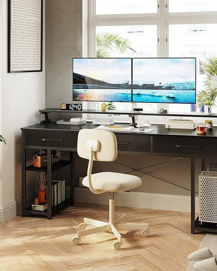 ODK Computer Desk with Drawers and Storage Shelves, 63 inch Home Office desk with Monitor Stand, Modern Work Study writing table Desk for Small Spaces, Black - LeafyLoom