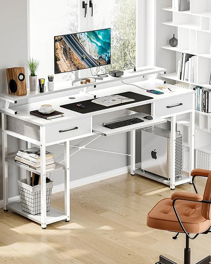 ODK Computer Desk with Drawers & Power Outlet, 55 Inch Office Desk with Keyboard Tray & Storage Shelves & PC Stand, Office Table Work Desk with Monitor Stand, White - LeafyLoom