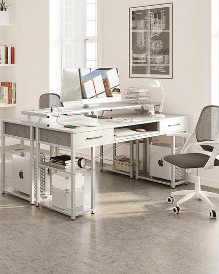 ODK Computer Desk with Drawers & Power Outlet, 55 Inch Office Desk with Keyboard Tray & Storage Shelves & PC Stand, Office Table Work Desk with Monitor Stand, White - LeafyLoom