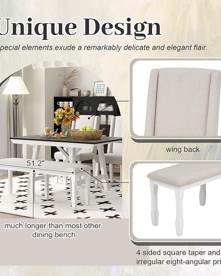 6-Piece Wooden Extendable Dining Table Set with two 12" W Removable Leaves and 4 Upholstered Chairs & 1 Bench for Kitchen Room, White+Black - LeafyLoom