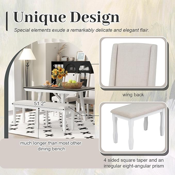 6-Piece Wooden Extendable Dining Table Set with two 12" W Removable Leaves and 4 Upholstered Chairs & 1 Bench for Kitchen Room, White+Black - LeafyLoom