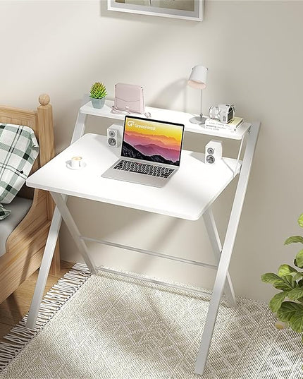 GreenForest Folding Desk No Assembly Required Small Size, 2-Tier Foldable Computer Desk with Shelf for Home Office, Space Saving Portable Laptop Study Foldable Table for Small Spaces, White - LeafyLoom