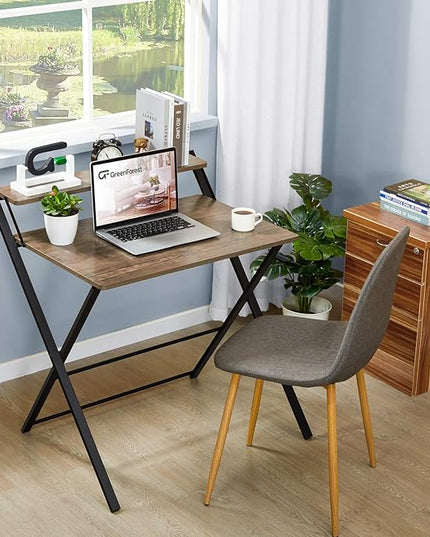 GreenForest Folding Computer Desk No Assembly Required 2 Tier Computer Desk with Shelf Space Saving Small Foldable Fully Unfold 32 X 24.5 inch, Brown, Large Size:29.5 X 20.47 - LeafyLoom