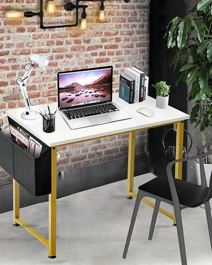 Lufeiya Small Computer Desk White Writing Table for Home Office Small Spaces 31 Inch Modern Student Study Laptop PC Desks with Gold Legs Storage Bag Headphone Hook,White Gold - LeafyLoom
