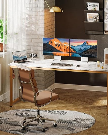 ODK Computer Desk Large Office Desk, 63 Inch Writing Desk with Storage, Modern PC Desk Work Table with Headphone Hook for Home Office, White Marble + Gold Leg - LeafyLoom