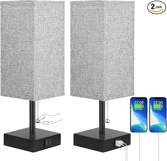 aooshine Table Lamps Set of 2 - Grey, USB A and USB C Charging, Pull Chain Control, Bulb NOT Included, Small - LeafyLoom