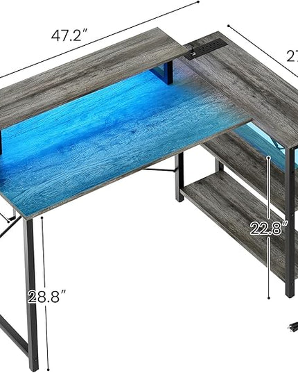 Homieasy L Shaped Gaming Desk with Power Outlet & LED Light, 47 Inch Computer Desk with Storage Shelves, Reversible Corner Desk with Monitor Stand Headset Hooks for Home Office, Black Oak - LeafyLoom