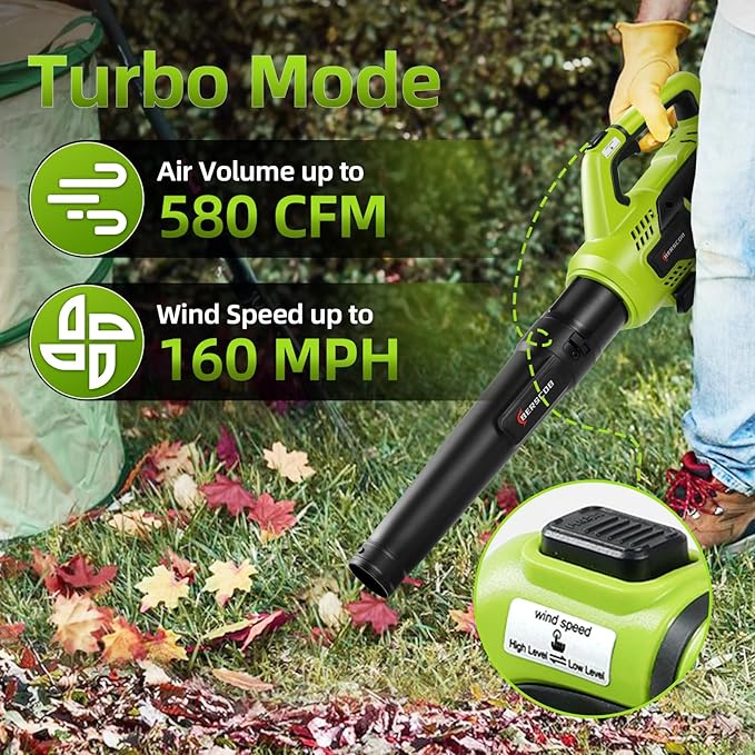 Leaf Blower Cordless, 580CFM/160MPH Electric Leaf Blower with 4.0Ah Battery Powered, Blower with Extension Nozzle, Lightweight Leaf Blowers for Lawn Care, Yard, Garage, Patio & Sidewalk Blowing - LeafyLoom