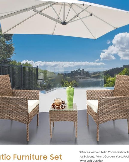 YIYAN 3 Pieces Patio Bistro Set Outdoor Wicker Furniture Outdoor Porch PE Rattan Wicker Chairs Furniture Sets with Sofa Chairs,Glass Coffee Table and White Washable Cushion - LeafyLoom