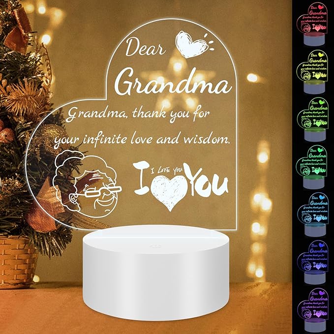 Night Light Gifts for Grandma: Engraved Acrylic LED Rechargeable Night Lamp with 3 Level of Dimming and 10 Color Modes-Grandmother's Birthday Christmas Mothers Day Gifts from Grandchildren - LeafyLoom