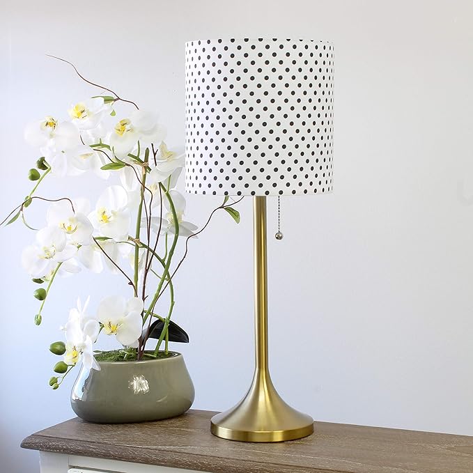 Simple Designs LT1076-GDD Tapered Fabric Drum Shade Table Lamp, Gold and Polka Dot - LeafyLoom