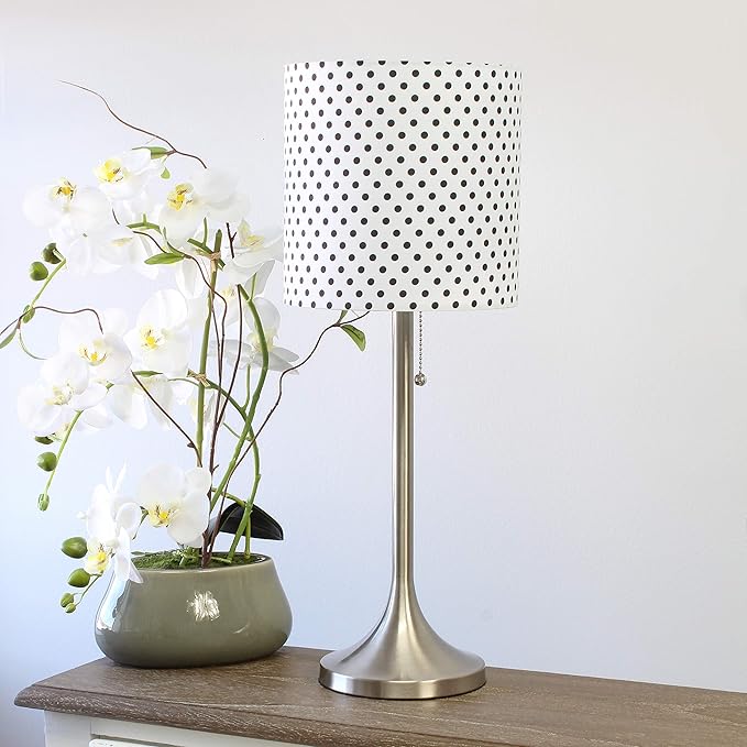 Simple Designs LT1076-BND Tapered Fabric Drum Shade Table Lamp, Brushed Nickel and Polka Dot - LeafyLoom