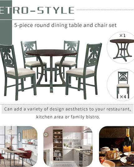 Kitchen Set 5-Piece Round Dining 4 Fabric Chairs with Special-shaped Table Legs and Storage Shelf, Antique Blue+Dark Brown - LeafyLoom