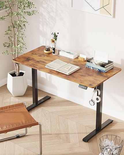 MOUNTUP Height Adjustable Electric Standing Desk Whole-Piece, 48 x 24 Inches Quick Assembly Sit Stand Desk, Stand Up Desk with Memory Controller, Ergonomic Desk, Rustic Brown - LeafyLoom