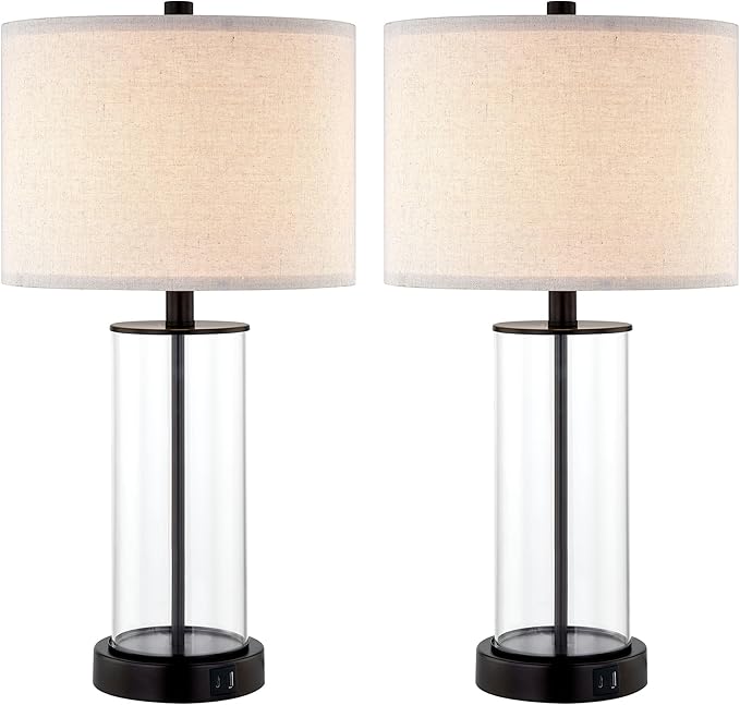 23.5'' Glass Table Lamp Set of 2 for Living Room, 3-Way Touch Control Table Lamps with USB Ports and AC Outlets(Bulbs Included) - LeafyLoom