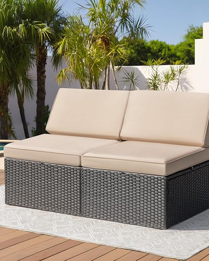 Greesum 2 Piece Patio Conversation Set Wicker Rattan Furniture Outdoor Sofa with Cushions,Pillows and Glass Table for Porch,Lawn and Yard, Beige - LeafyLoom