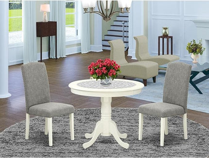 East West Furniture ANEN3-LWH-06 Antique 3 Piece Kitchen Set Contains a Round Table with Pedestal and 2 Dark Shitake Linen Fabric Parson Dining Room Chairs, 36x36 Inch - LeafyLoom