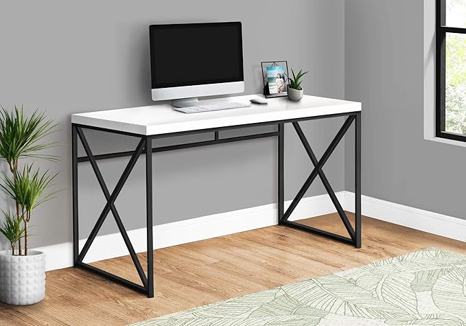 Monarch Specialties Modern Industrial Style-Home & Office Writing Table with Sturdy Crisscross Metal Computer Desk, 48" L, Glossy White/Black Frame - LeafyLoom