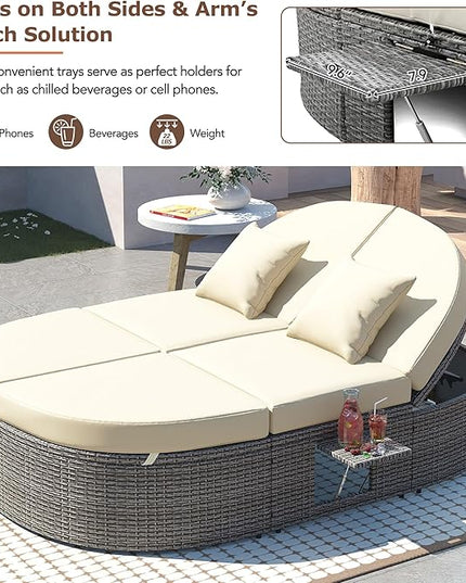 Outdoor DayBed Patio 2-Person Rattan Sun Bed Reclining Chaise Lounge with Adjustable Backrests, Foldable Cup Trays and Pillows, for Lawn,Poolside, Beige - LeafyLoom