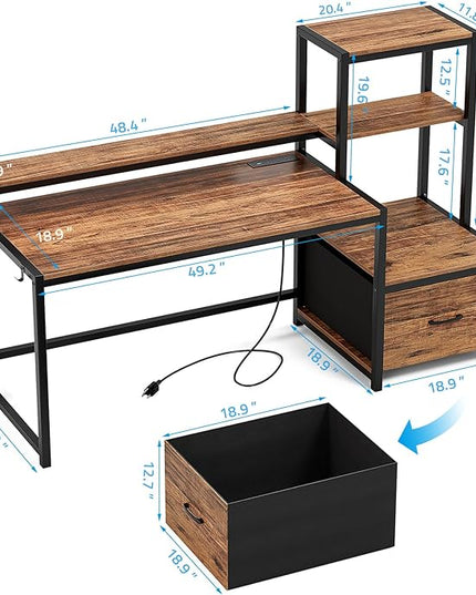 GreenForest Computer Desk with Drawer and Printer Shelf, 68.8 inch Home Office Desk with LED Lights and Power Outlets, Desk with Storage for Study Gaming Working, Walnut - LeafyLoom
