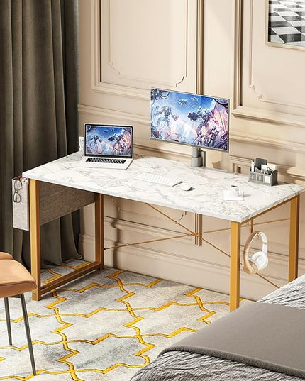 ODK Computer Desk Large Office Desk, 48 Inch Writing Desk with Storage, Modern PC Desk Work Table with Headphone Hook for Home Office, White Marble + Gold Leg - LeafyLoom
