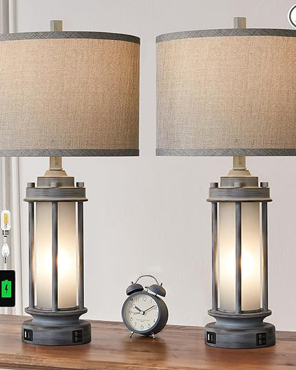 Set of 2 Rustic Table Lamps for Living Room, Farmhouse Vintage Nightstand Lamp with 2 USB Ports, Antique Retro Light Green Glass Night Light for Bedroom Entryway, 4 Bulbs Included… - LeafyLoom