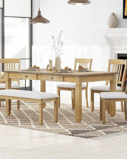 6-Piece Modern Dining Set, Include 72'L Solid Wood Table with 4 Drawers, Upholstered Chairs & Bench, for Kitchen, Living Room, Stable Frame and a Long Lifespan, Natural+Light Gray - LeafyLoom