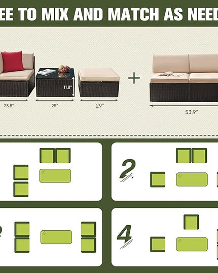 Greesum 2 Piece Patio Conversation Set Wicker Rattan Furniture Outdoor Sofa with Cushions,Pillows and Glass Table for Porch,Lawn and Yard, Beige - LeafyLoom