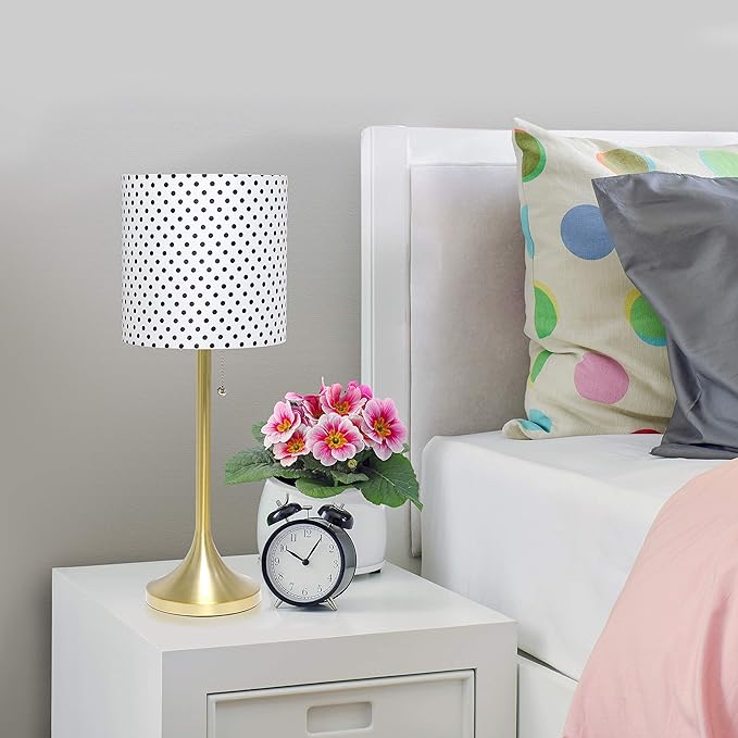 Simple Designs LT1076-GDD Tapered Fabric Drum Shade Table Lamp, Gold and Polka Dot - LeafyLoom