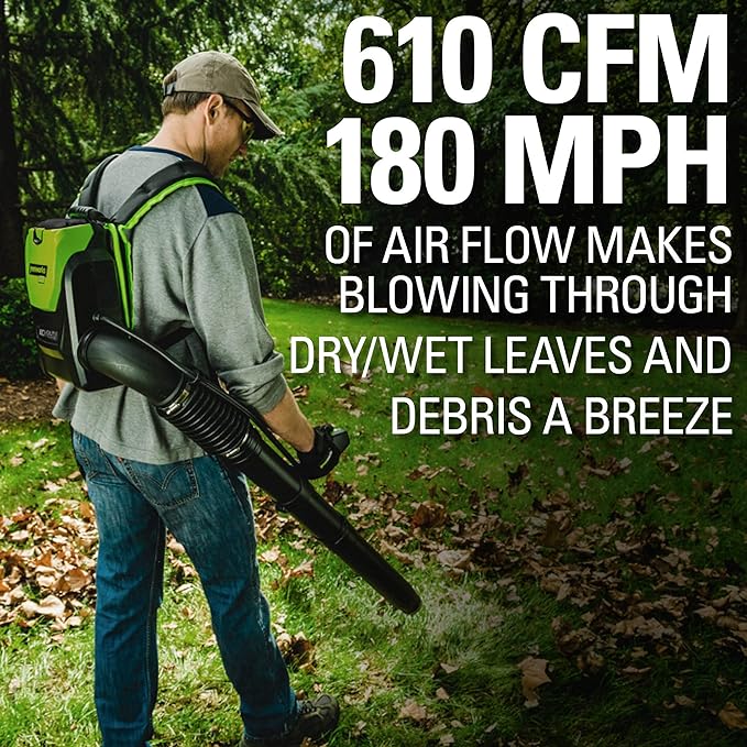 Greenworks 80V (180 MPH / 610 CFM / 75+ Compatible Tools) Cordless Brushless Backpack Blower, 2.5Ah Battery and Rapid Charger Included, Green/Black - LeafyLoom