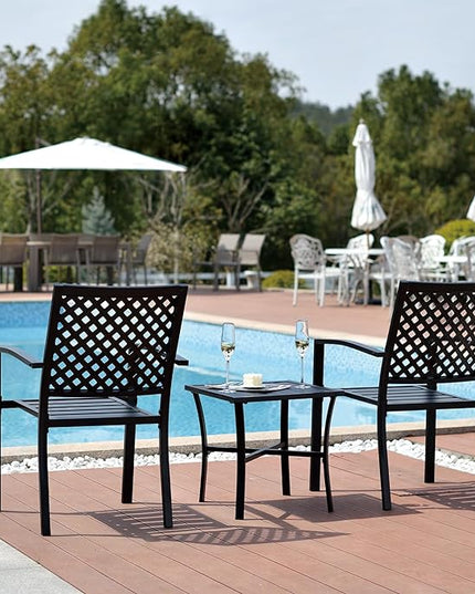 3 Piece Iron Bistro Set Stackable Outdoor Patio Furniture Set with 2 Large Comfortable Porch Chairs and Metal Coffee Table, Black - LeafyLoom