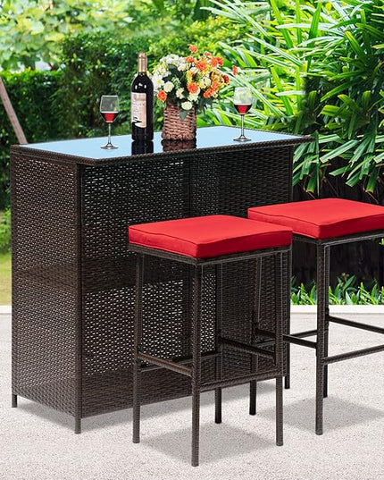 FDW Outdoor Furniture Set Wicker Bistro Set 3PCS Patio Bar Set with Two Stools for Patio Backyard Balcony,Red Cushion - LeafyLoom