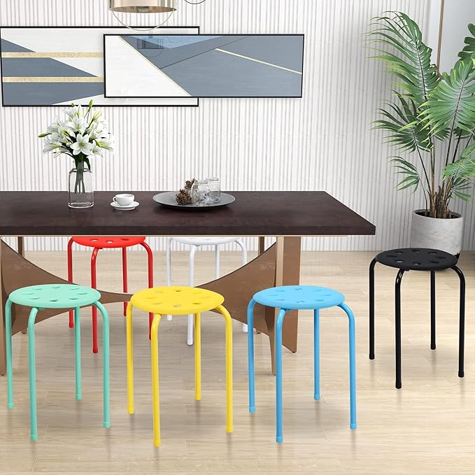 6-Pack Plastic Stackable Stools, 17.5" Multipurpose Stool Chairs w/Metal Frame, X-Shape Connection, Non-Slip Feet, Mulit Color for Students Child Kids, Colorful - LeafyLoom