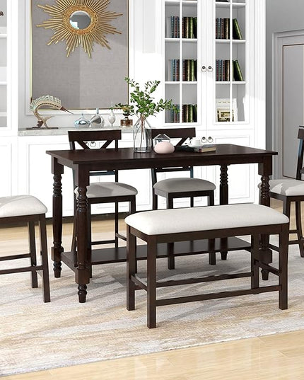 6-Piece Wood Counter Height Dining Set, Rectangular Table with Shelf, 4 Chairs and Bench for Kitchen, Breakfast Nook, Living Room, Espresso, 60" L x 29.5" W x 36" H - LeafyLoom